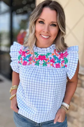 Gingham Embroidered Ruffle Top - Light Blue