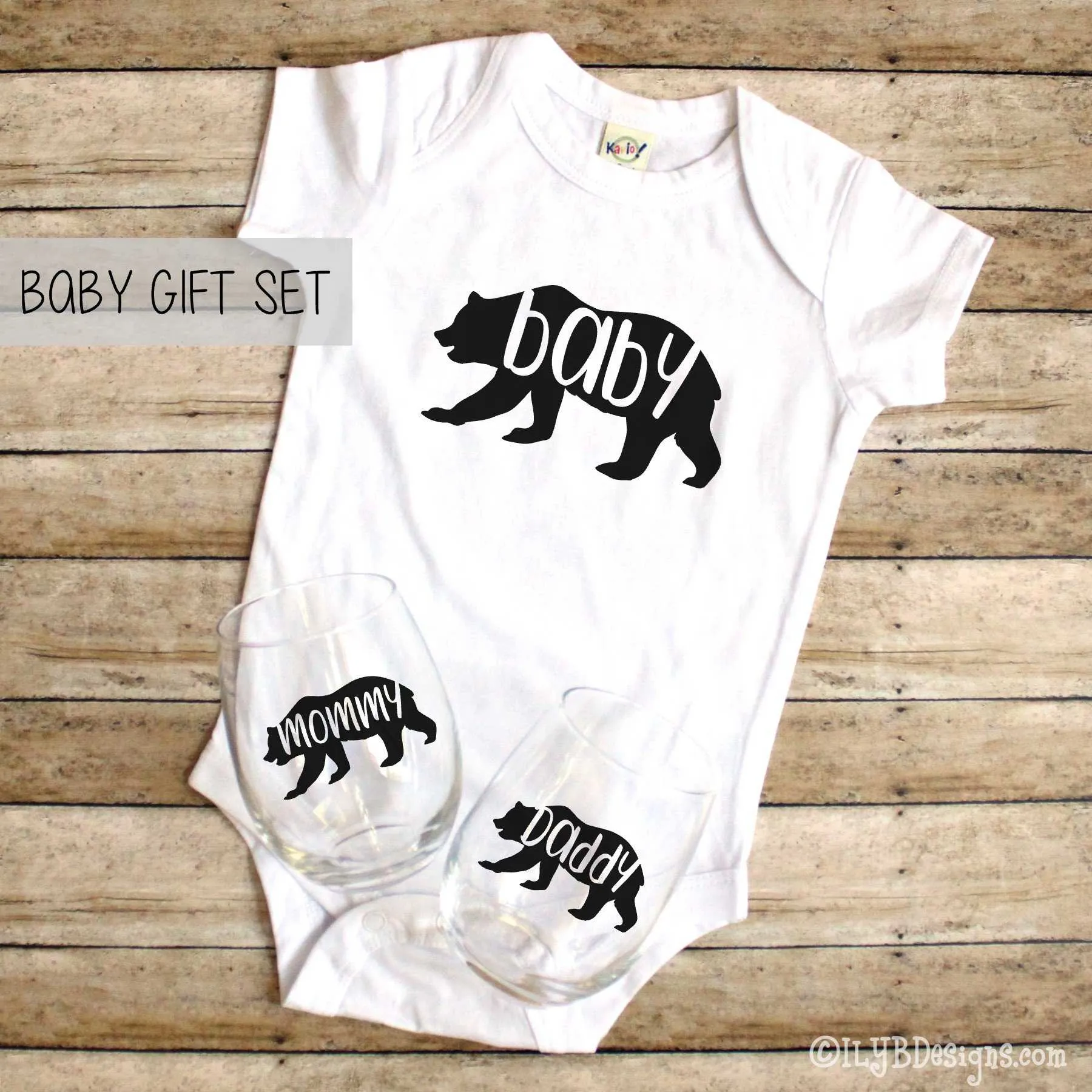 Baby Bear Baby Gift Set - Mommy Bear Daddy Bear Wine Glasses - Baby Bear Bodysuit