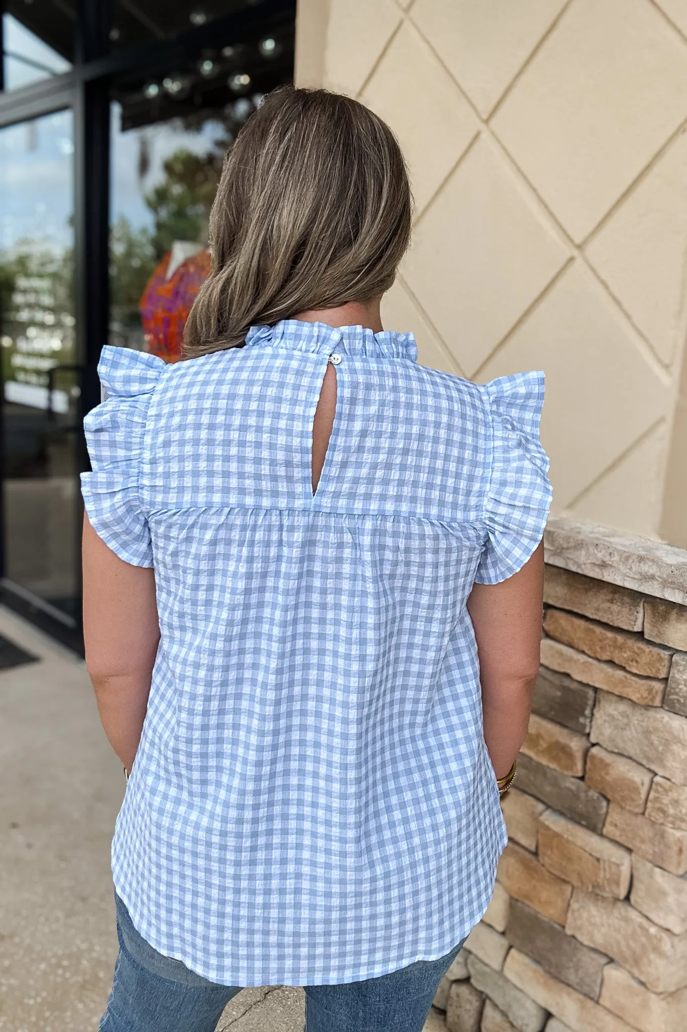 Gingham Embroidered Ruffle Top - Light Blue