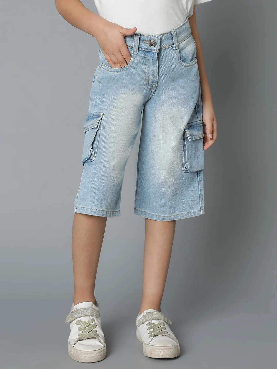 Girls Light Blue Denim Capri