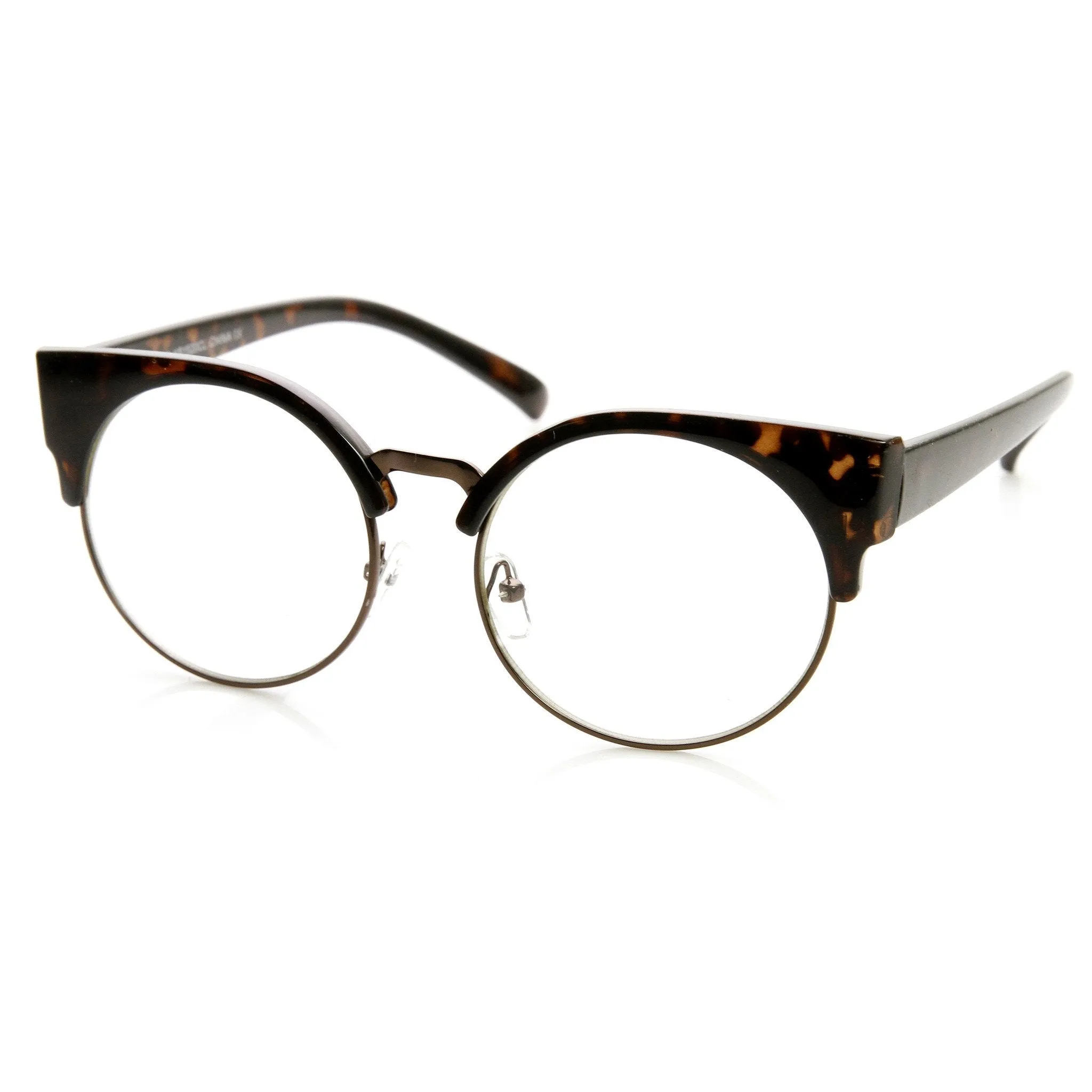 Indie Hipster Round Cat Eye Clear Lens Half Frame Glasses