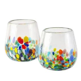 Novica Confetti Festival Handblown Stemless Wine Glasses (Pair)