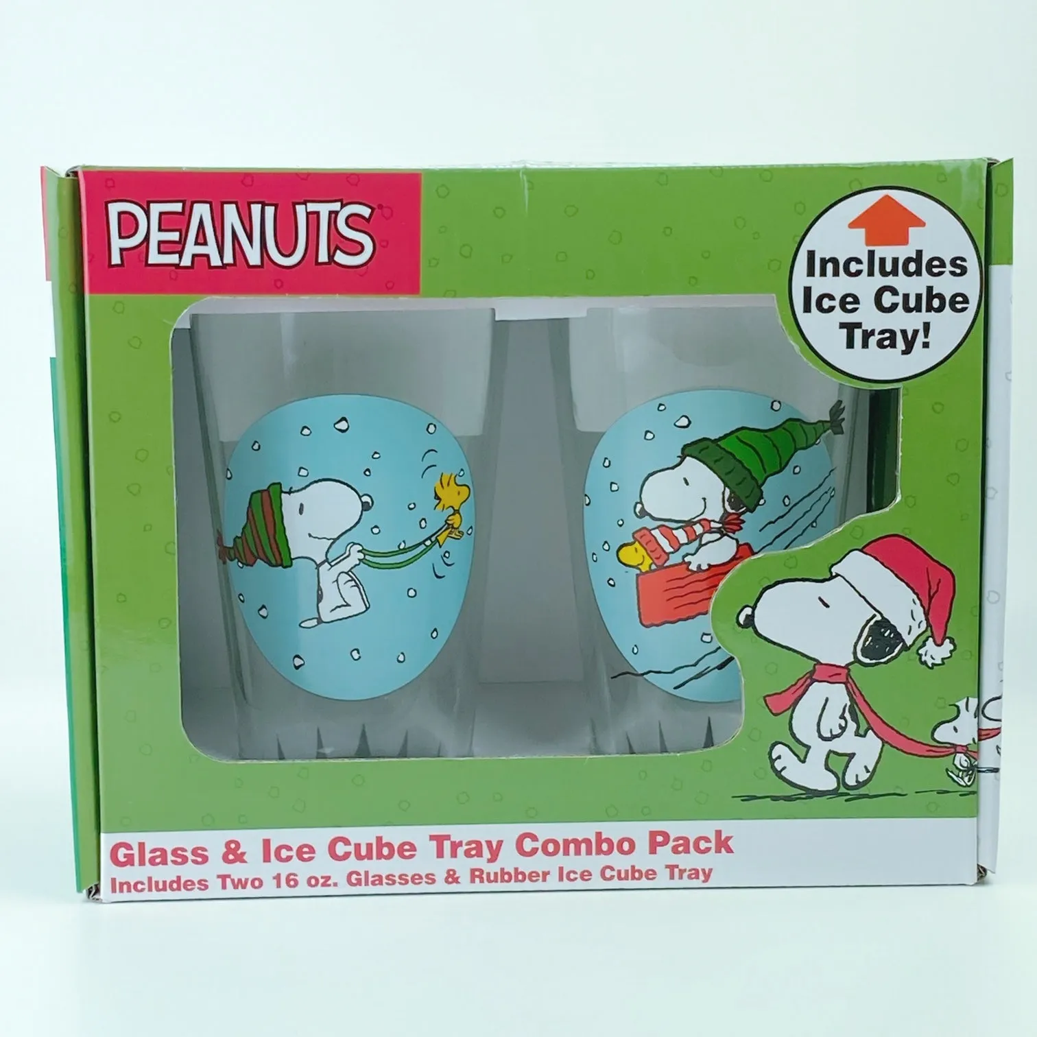 Peanuts Christmas Snoopy & Woodstock Drinking Glasses Collectors Series Set of Two 16oz with Ice Tray