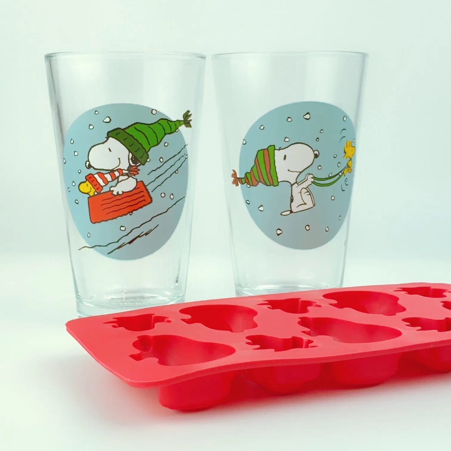 Peanuts Christmas Snoopy & Woodstock Drinking Glasses Collectors Series Set of Two 16oz with Ice Tray