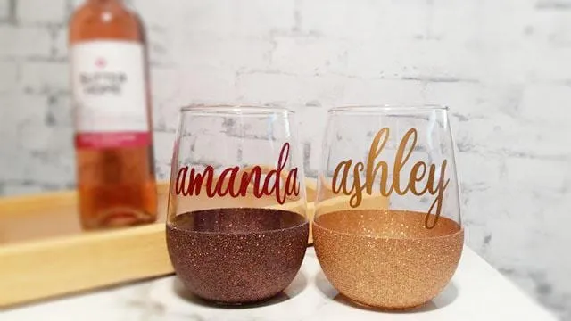 Personalized glittered stemless set of two wine glasses | Bestie gifts