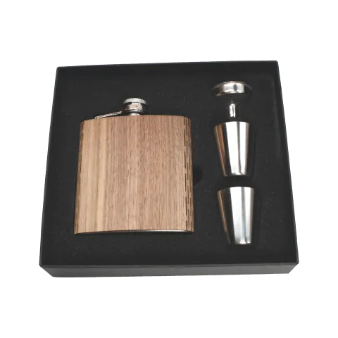 Real Wooden 6 oz. Hip Flask in Premium Gift Box with Shot Glasses & Funnel