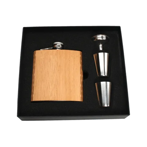 Real Wooden 6 oz. Hip Flask in Premium Gift Box with Shot Glasses & Funnel