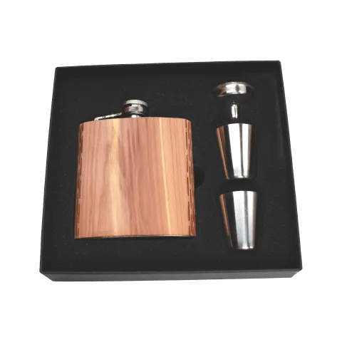 Real Wooden 6 oz. Hip Flask in Premium Gift Box with Shot Glasses & Funnel