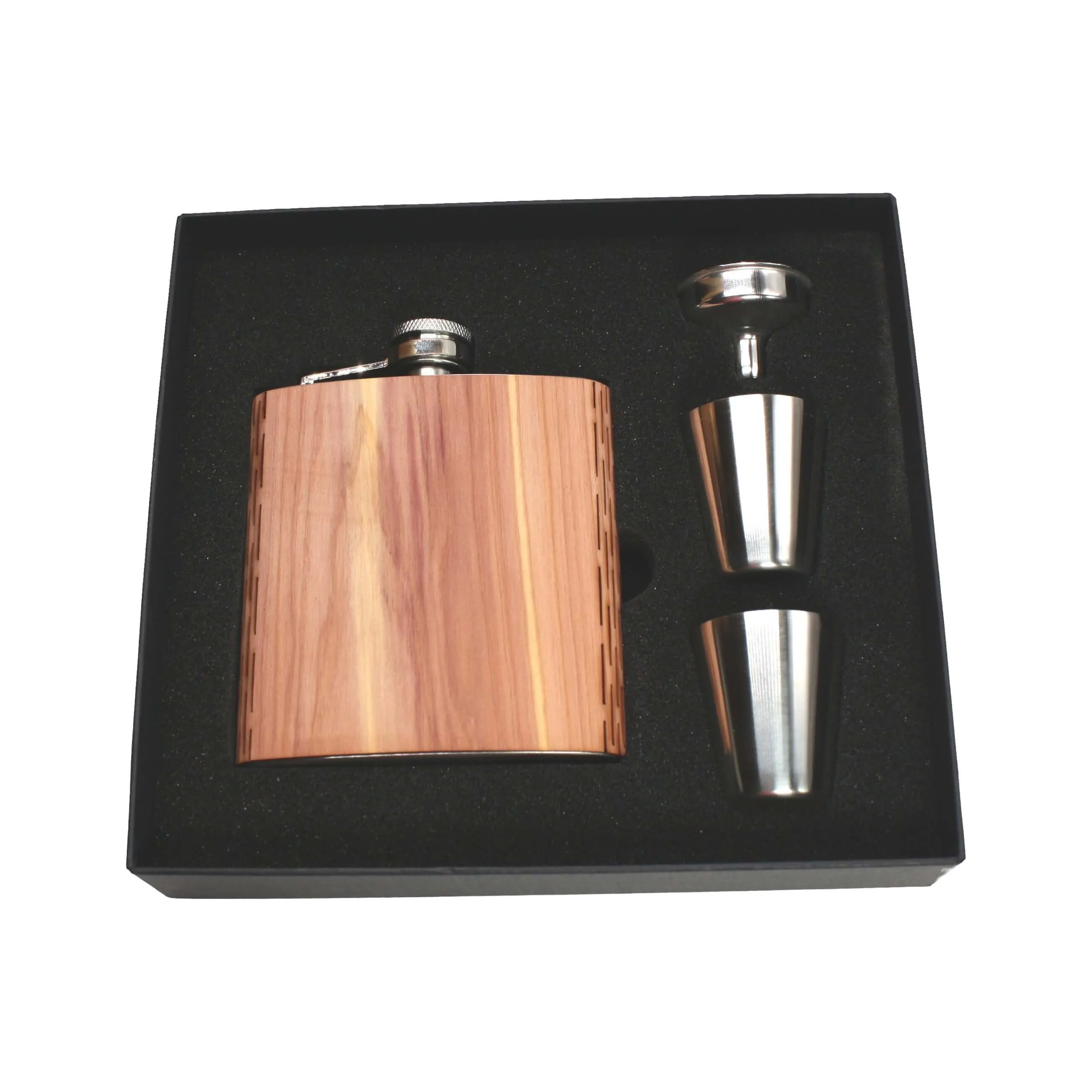 Real Wooden 6 oz. Hip Flask in Premium Gift Box with Shot Glasses & Funnel