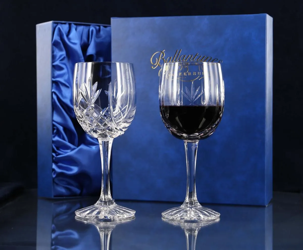 Red Wine, Pair of Panel Crystal Glasses, Engraved and Gift Boxed - H50br