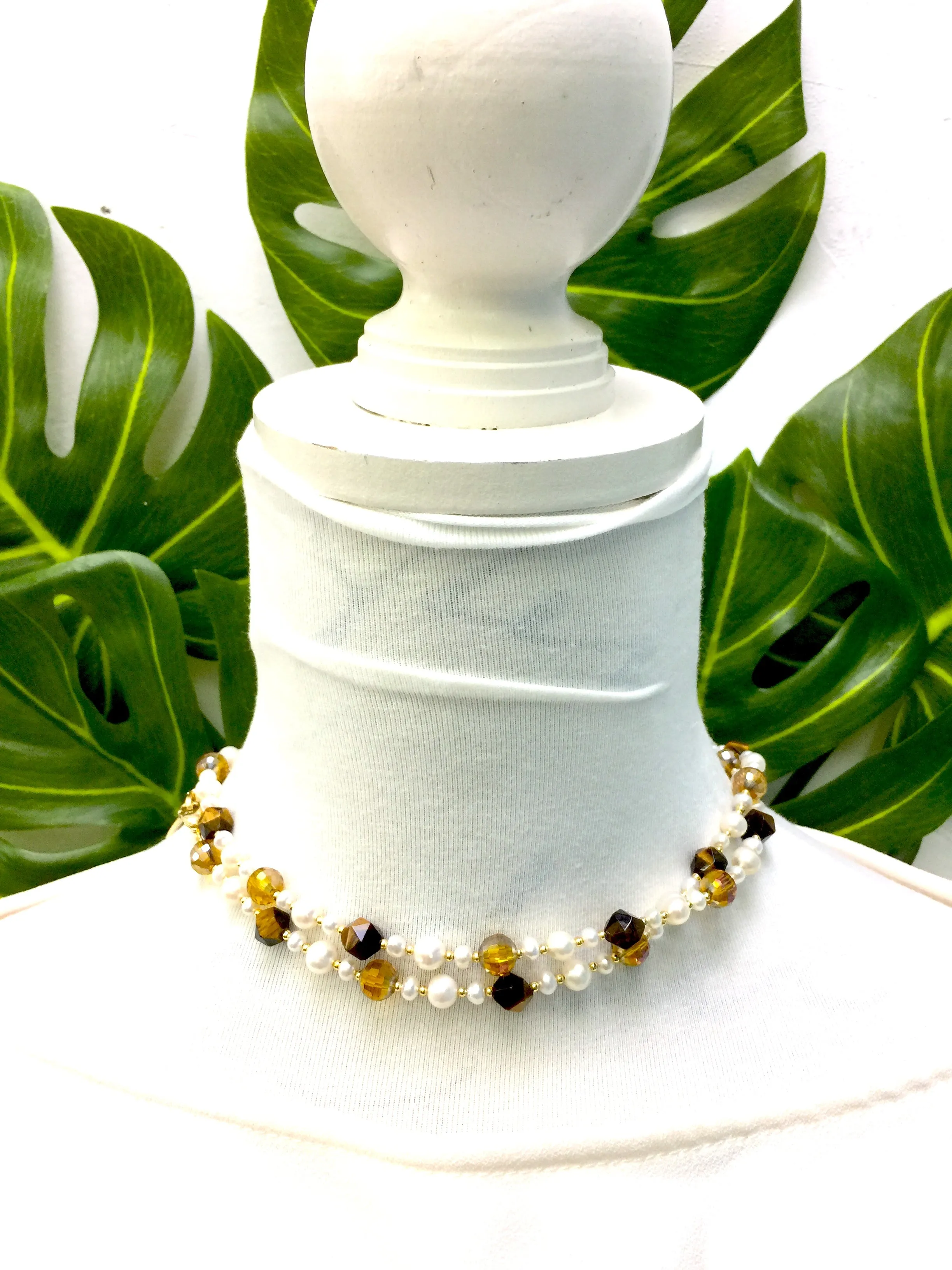 Removable Freshwater Pearls , Tiger Eye & Crystals Glasses Chain EC005