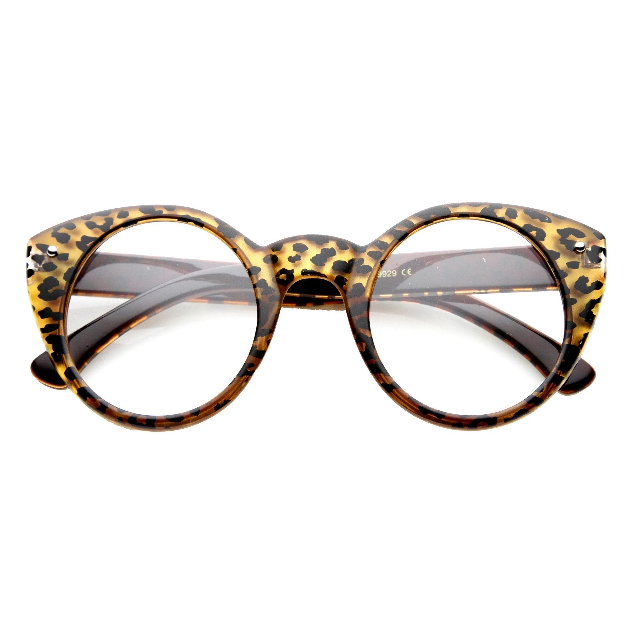 Retro Animal Print Round Cat Eye Clear Lens Glasses