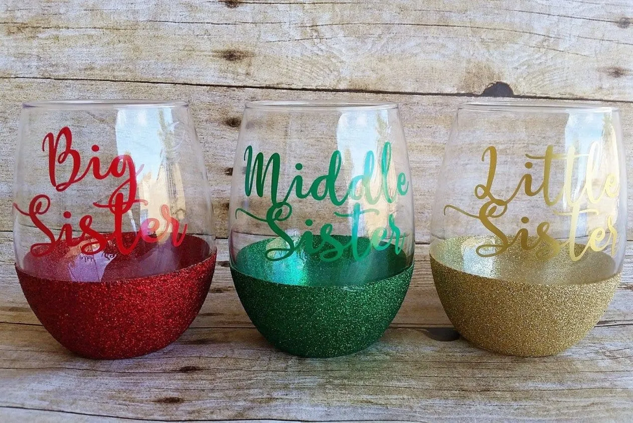 Sister set of stemless glittered personalized wine glasses sister gift